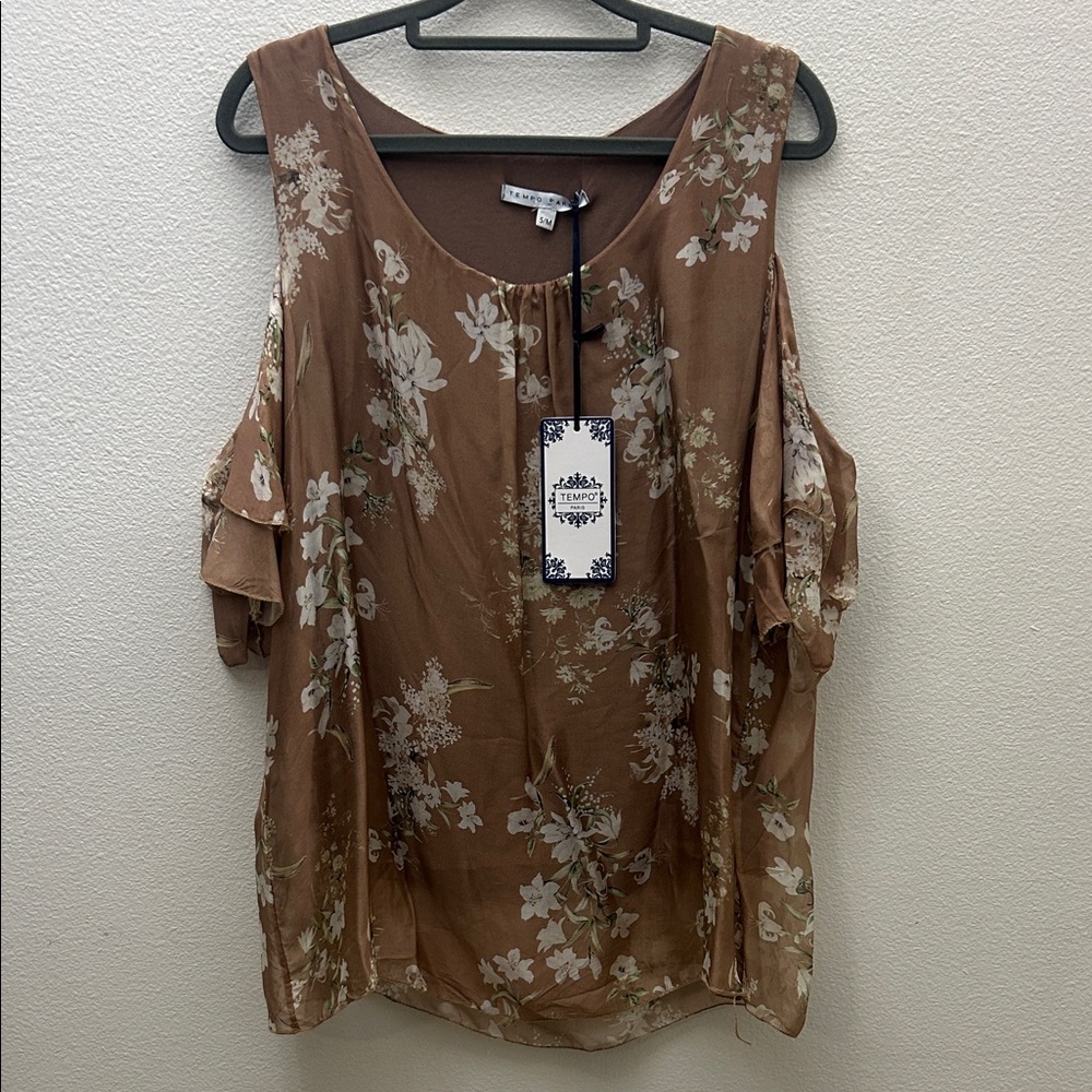 Tempo Paris Floral Tan Cold Shoulder Blouse